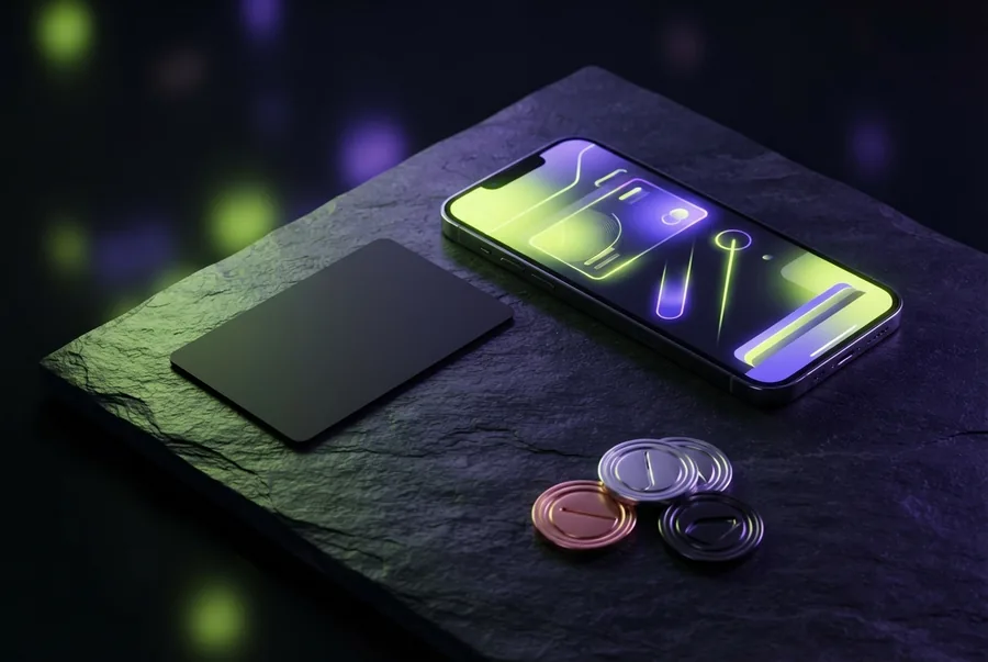 Illustration : carte bancaire, smartphone et pièces — dépôts et retraits chez LuckyBoom