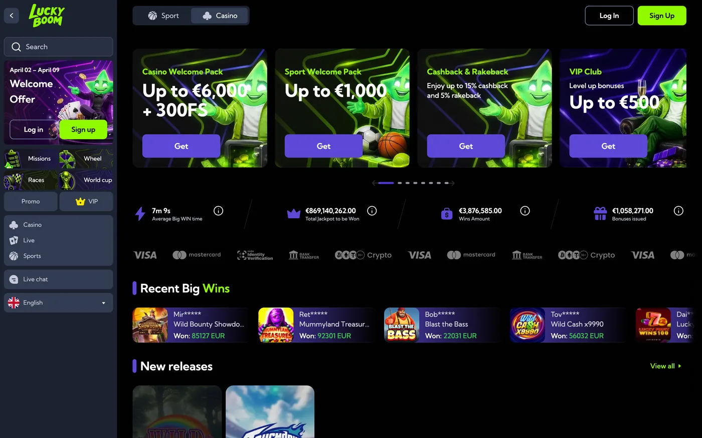 Lobby LuckyBoom : pack de bienvenue, jackpots et sélection de jeux