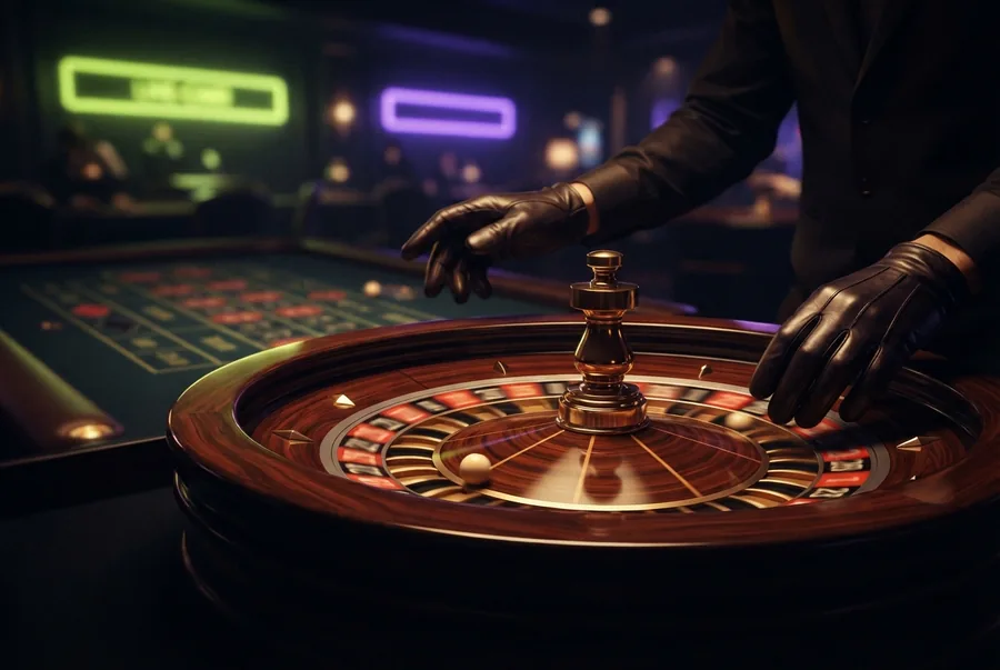 Illustration : roulette en direct dans un salon sombre aux néons lime et violet