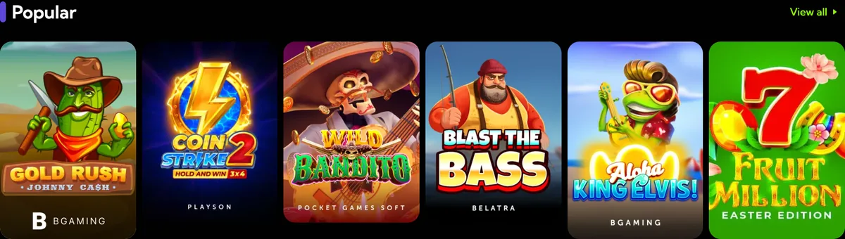 Rangée « Populaires » du lobby LuckyBoom